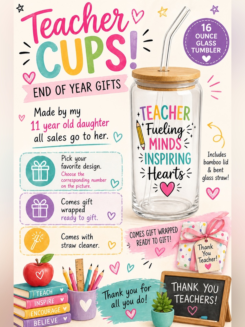 Buy Now* Teacher Glass Tumbler with Bamboo Lid and Straw